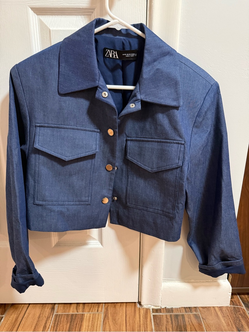 Zara Dark Blue Cropped Denim Jacket with Flap Pockets